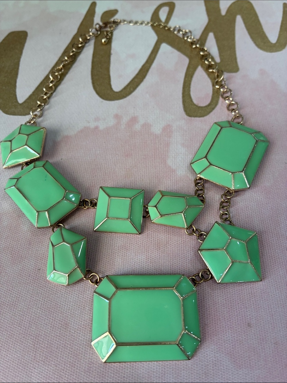 Gold-Tone Mint Green Enamel Square Link Statement Necklace